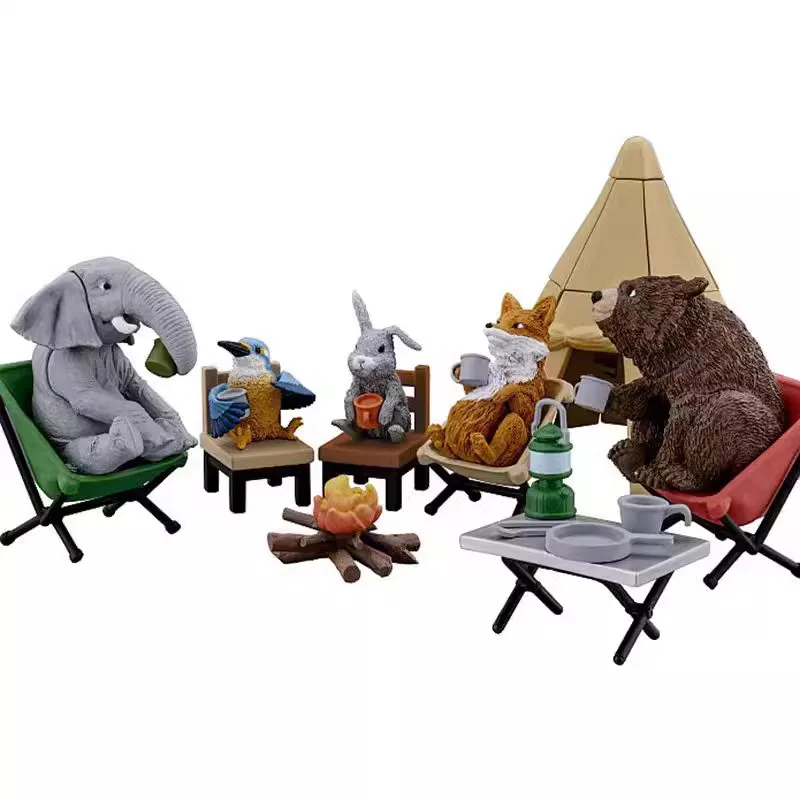 Original Bandai Gashapon Animal Camping Elephant Fox Qversion Animal Action Figure Model Toys Gifts Cartoon Character Collection