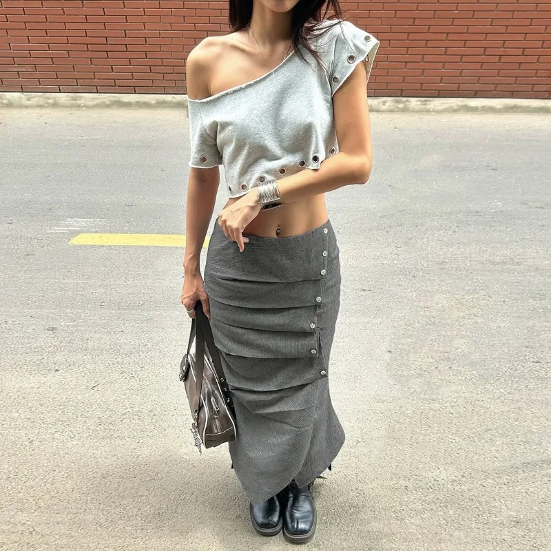 

Buttons Pleated Asymmetrical Long Skirts Women Fashion High Waist Zipper Y2K Streetwear Slim Casual Bottoms All Matching Skirt