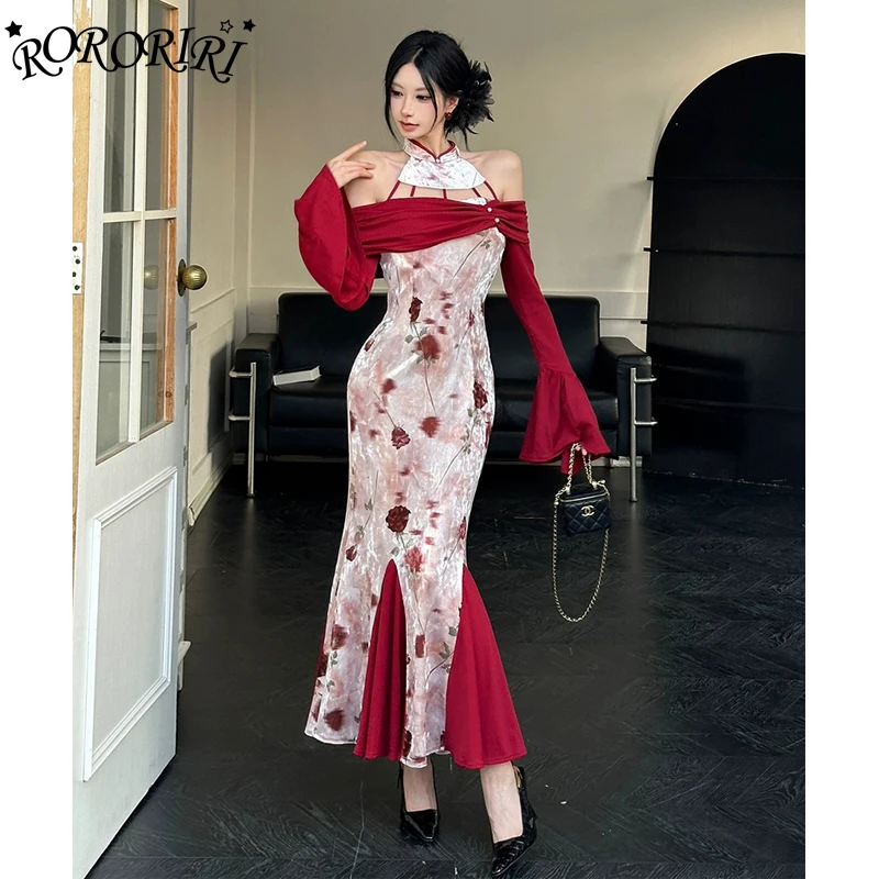 RORORIRI Neo-Chinese Rose Print Velvet Cheongsam Women Flare Sleeves One-shoulder Ruched Stitch Mermaid Long Dress Retro Clothes