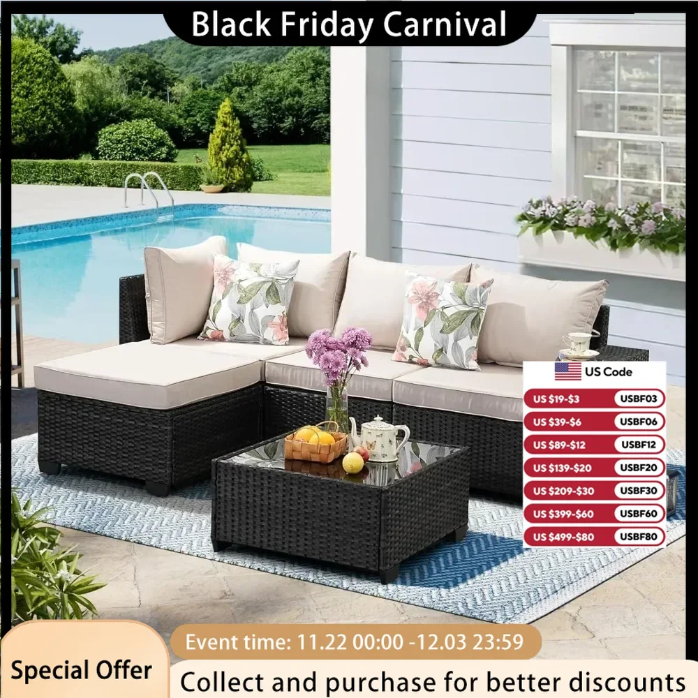 Outdoor Sofa, 5-piece Rattan Outdoor Segmented Sofa with Soft Cushion Ottoman and Coffee Table, Beige Garden Outdoor Sofa