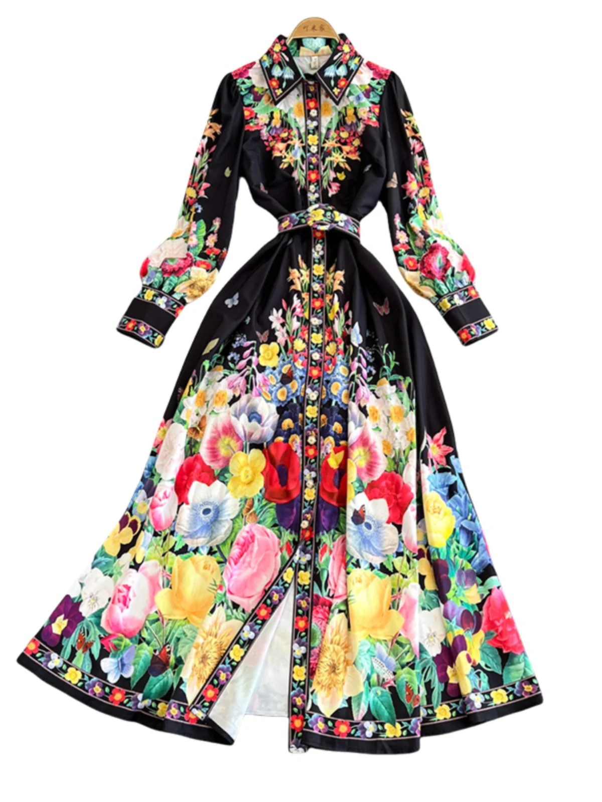 Frühlings-Blumen-Serie, lang, schmale Passform, Dr-Knopfdetail, irt-Kragen, Laterne, Swe, bedruckt, hohe Taille, mittlere Länge, A-Linie Dr