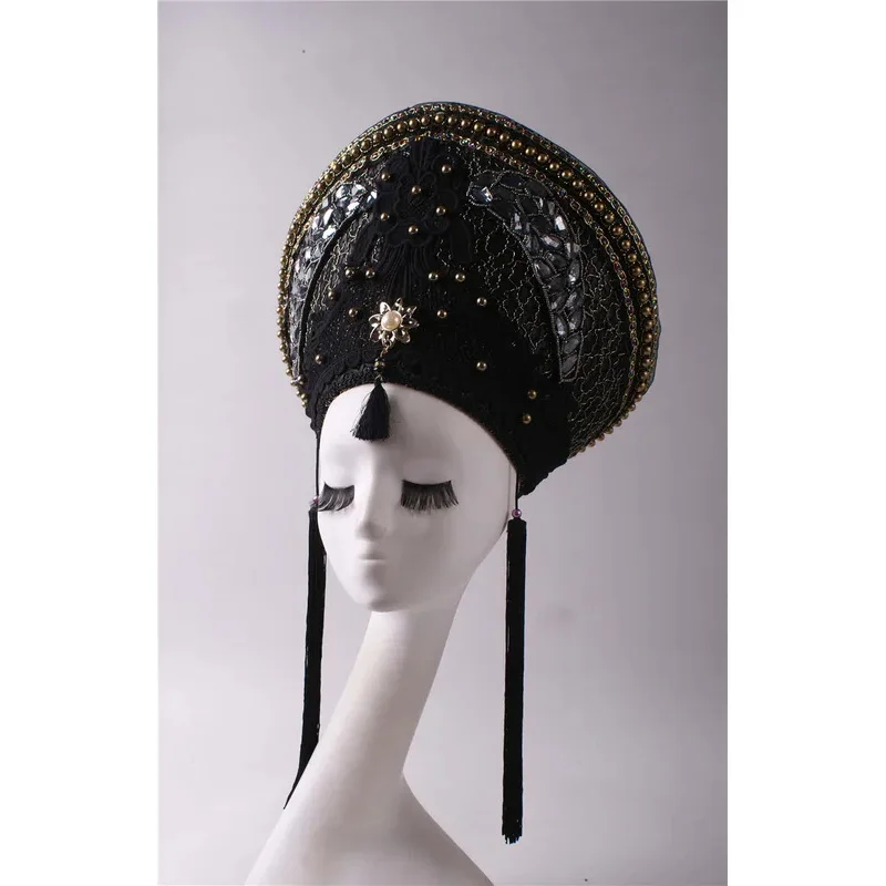 Headdress Black Exaggerated Diamond Crown Shape Lace Embroidery with Tassel Exquisite Suitable for Model Hair Accessories Simple