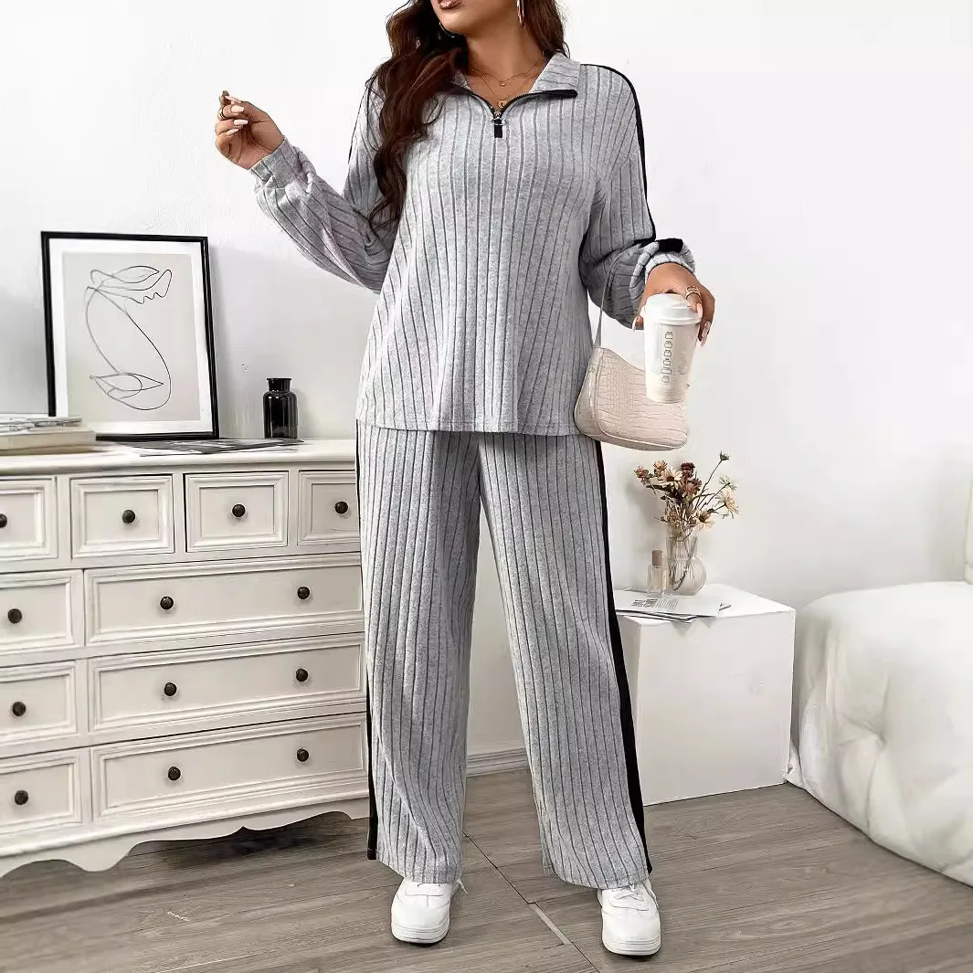 2025 Autumn Women New Solid Color Loose Long Sleeve Lapel Zipper Top + Loose Wide Legs Two-Piece Sports Set Women's Outdoor Suit