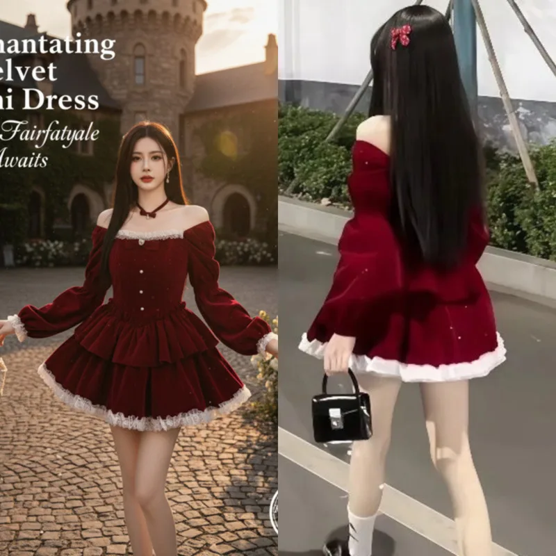 

Bow Dresses Mini Dresses Bow Velvet Dresses Wine Red Long Sleeve A-Line Elegant Puff For New Year Party Women Cute Skirt New
