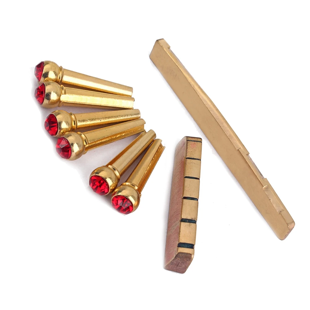 

Brass Bridge With Nut Saddle Red Crystal Design For Acoustic Guitar Replacement Durable Premium Smooth Flat Bottom Polished