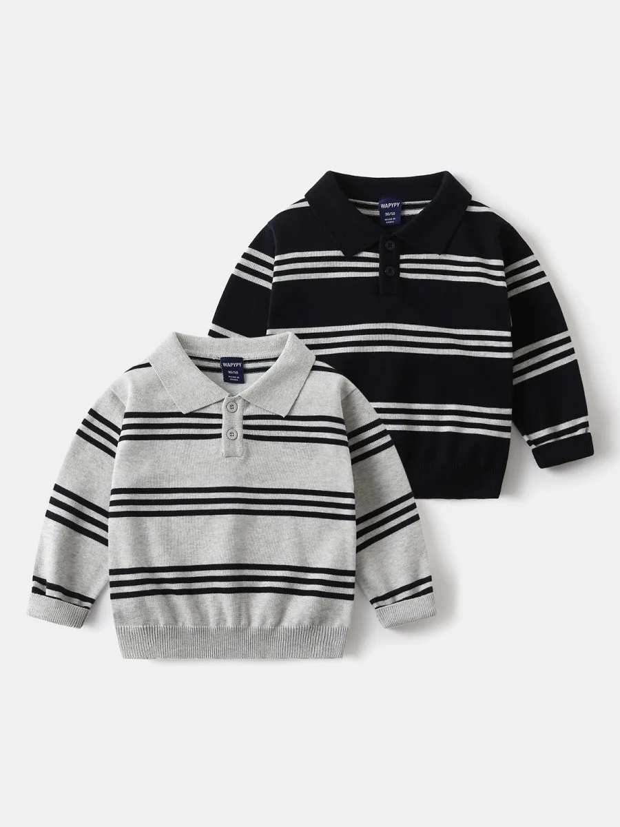 Classic Children‘s Polo Sweater Autumn Long Sleeve Knit Top With Stripe Print Daily Boys Knitted Pullover