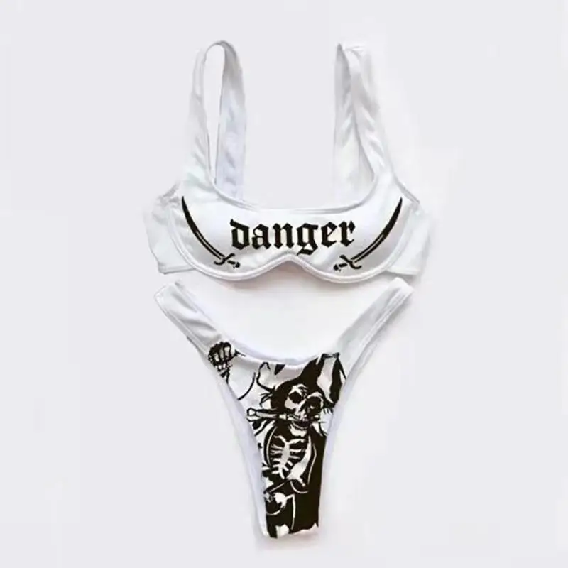 Punk Skeleton Print Bikini Set Danger Letter Graphic Two Piece Swimsuit Women High Cut Push Up Bathing Suit Summer Swimwear