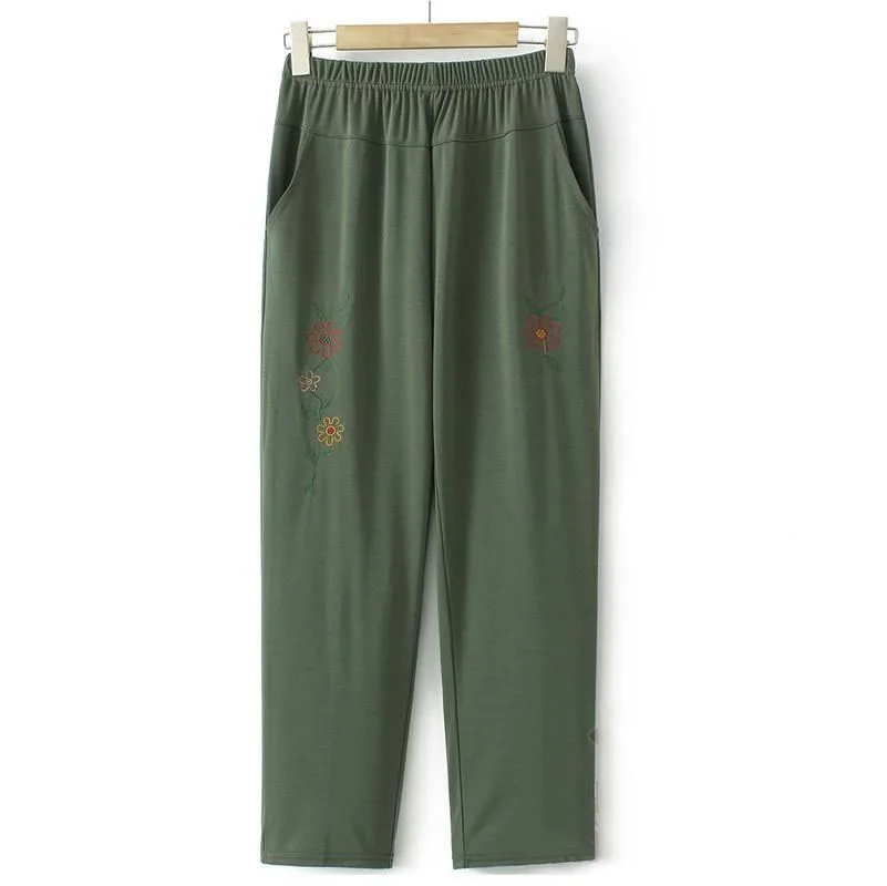 Embroidered Small Flower Solid Color Cropped Pants Loose Pants High Elasticity Fashionable Women's Plus Size Clothing High Pants