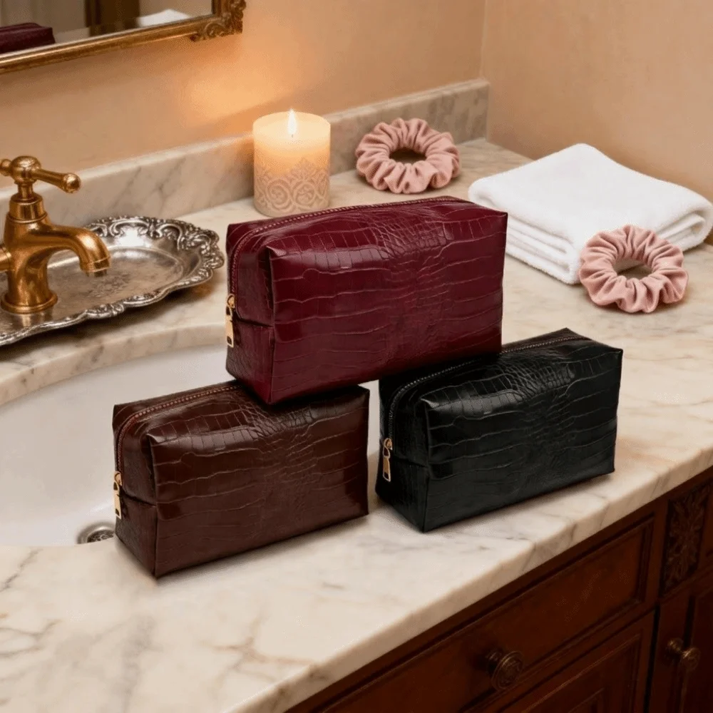PU Leather Makeup Bag Crocodile Embossed Pattern Waterproof Cosmetic Pouch Large Capacity Zipper Closure Storage Pouch