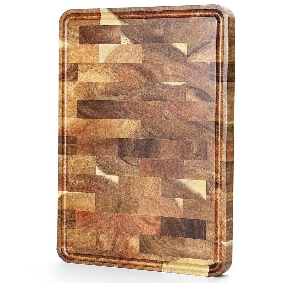 

Acacia Wood End Grain Cutting Board 13.8L x 9.8W x 1TWooden Chopping Board with NonSlip Feet, Side Handles and Juice Groove