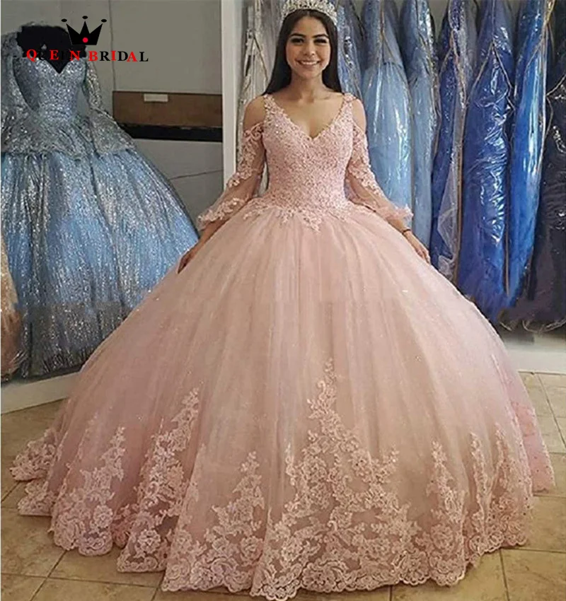 Pink Long Sleeves V-Neck Quinceanera Dresses 15 Party Fashion Tulle Appliques  Princess Cinderella Birthday Gowns VF21M