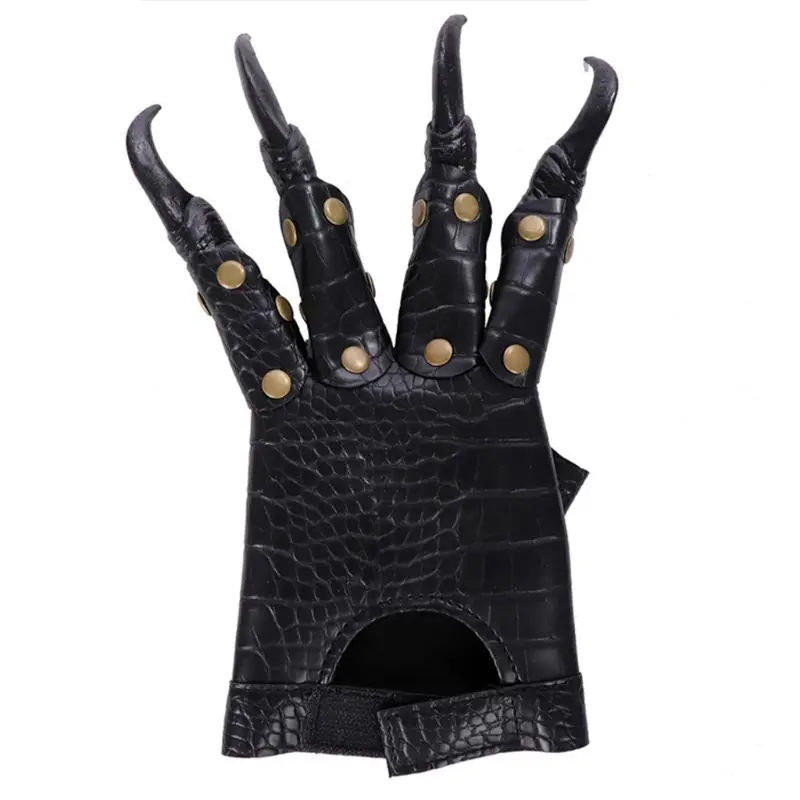 Unisex Gothic Punk Halloween Dragon Claw Gloves Metal Studded Long Finger Nail Faux Leather Mittens Cosplay Costume