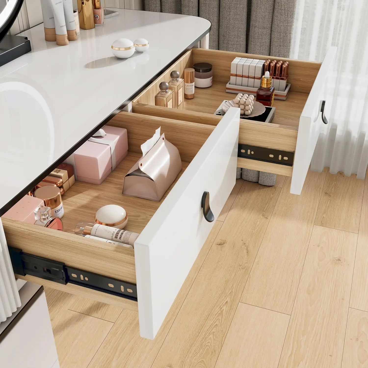 Modern Vanity Desk With Mirror And Led Lights, Small Retractable Makeup Combo With Adjustable Cabinet, Dressing Table Set With