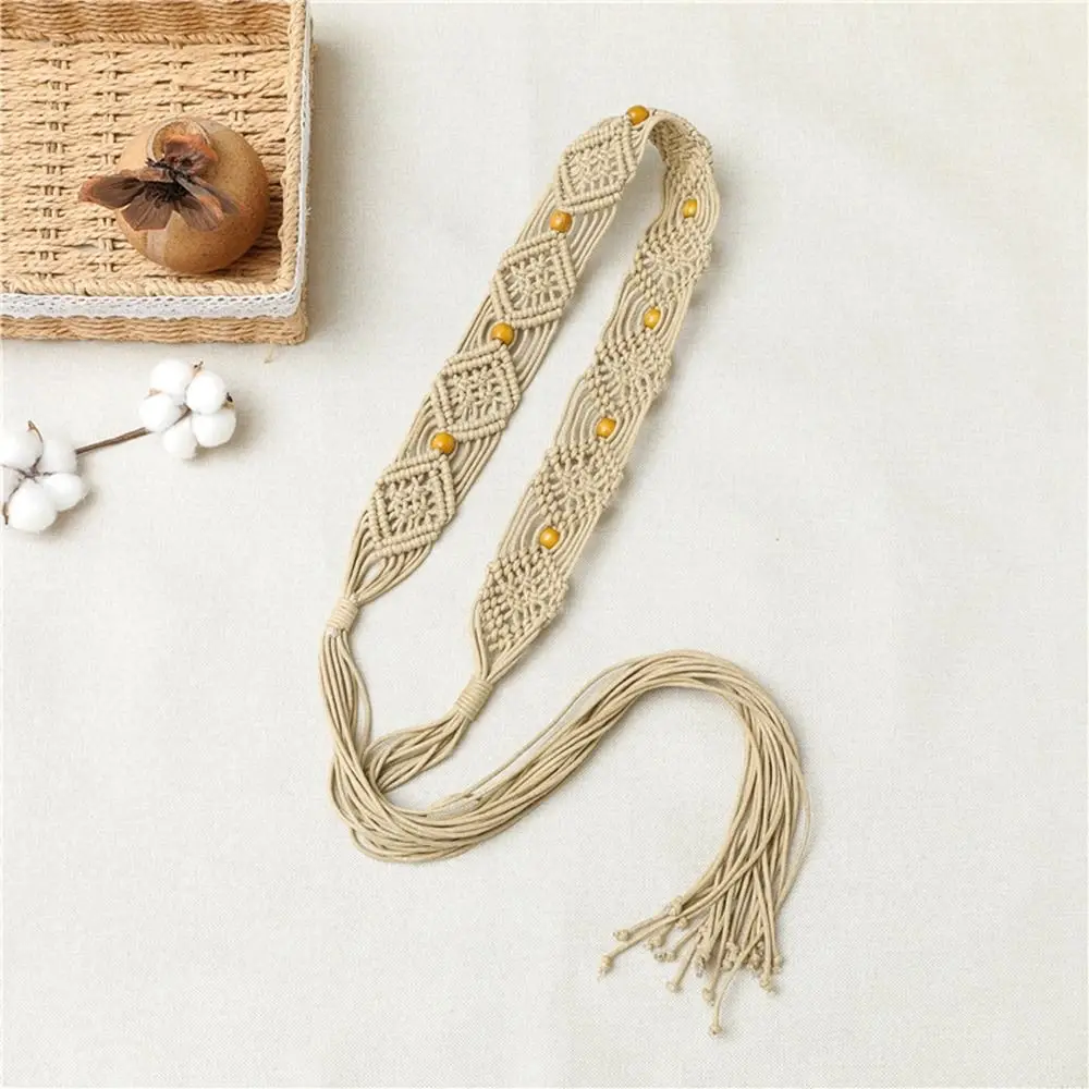 

Women Belts Waist Rope All-match Beads Beach Boho Braided Belt Women Waist Chain Round Wooden Button Ethnic Style Belts