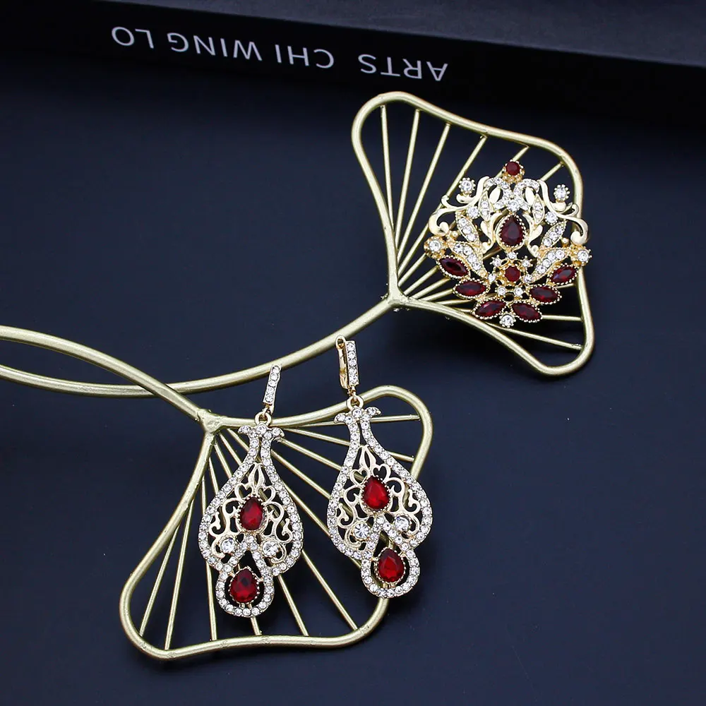 Sunspicems Chic Crystal Women Brooch Earring Sets Morocco Jewelry Gold Color Bride Caftan Brooch Hollow Arabic Drop Earring Gift
