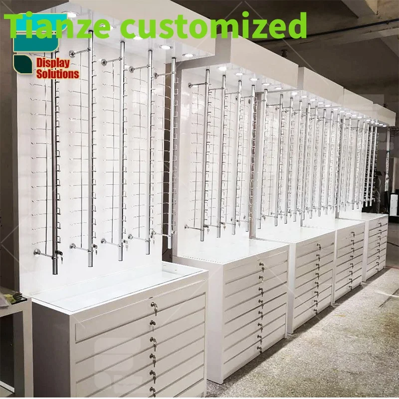 Customized-Optical Display Equipment Stainless Steel Wall Mount Eyeglass Display Rod Display Eyewear Stand Led Eyeglass Shelf Wi