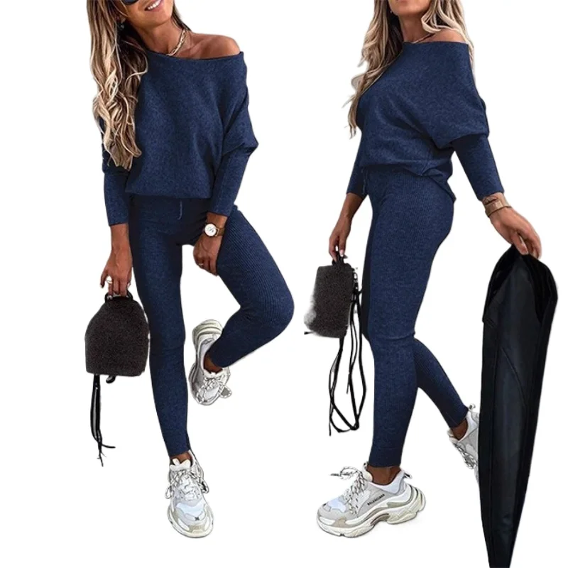 

Однотонный модный повседневный длинный комплект спортивной одежды с открытыми плечами на шнуровке для женщин, европейский и американский тренд