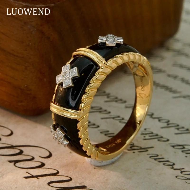 

LUOWEND 18K Yellow Gold Rings Real Natural Diamond Black Agate Luxury Gemstone Ring for Women Engagement Vintage Style Jewelry