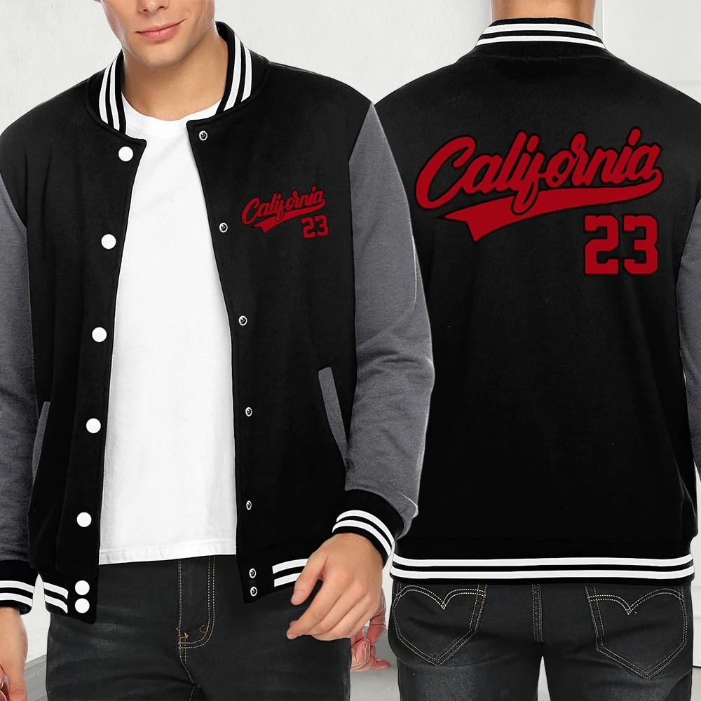 

Califirnia Letter Number 23 Logo Print Baseball Jackets Men Autumn Y2K Jacket Fleece Pullover Fashion Clothes Pocket Loose Coat