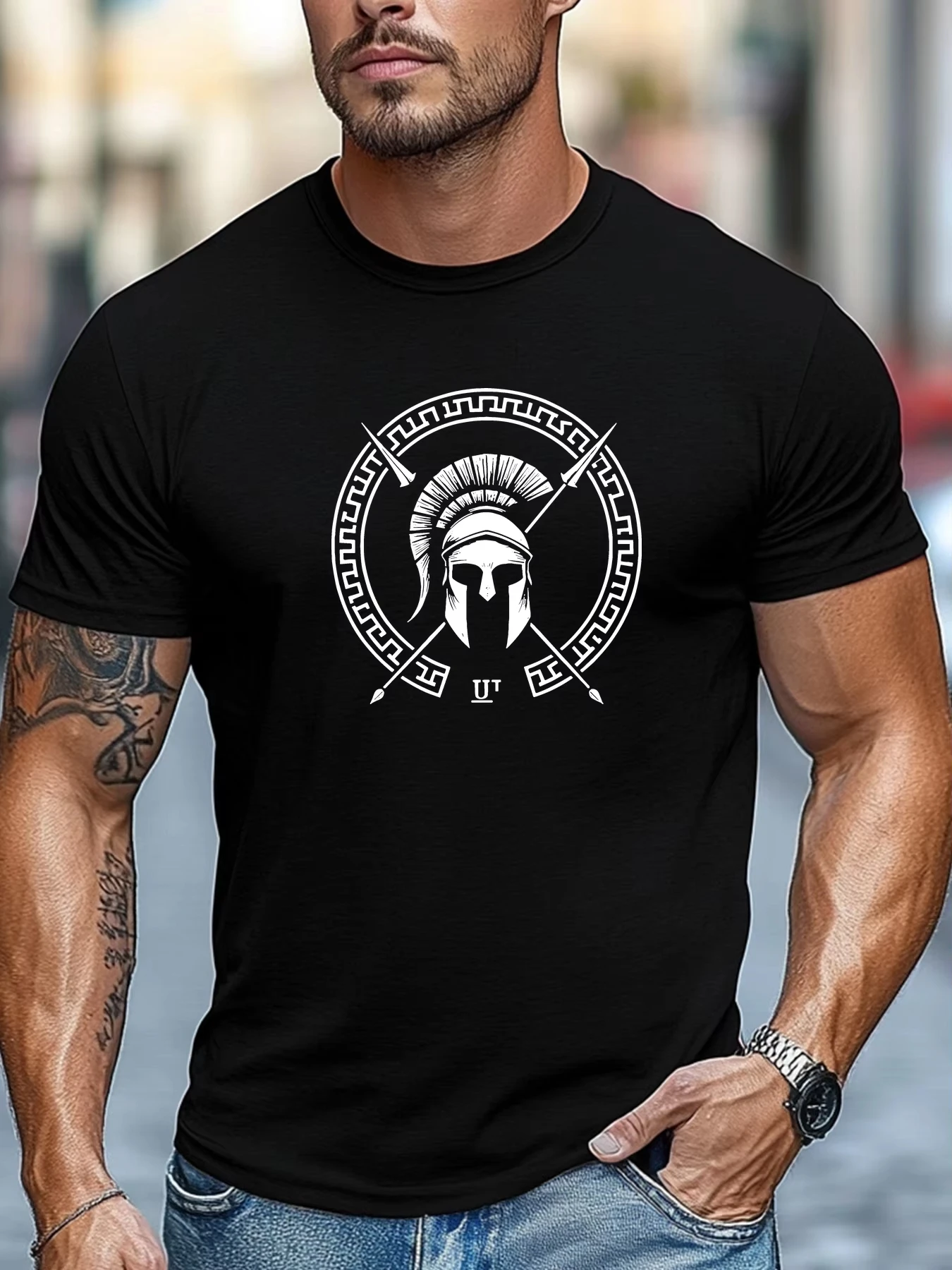 Summer 100% Pure Cotton Men's Casual Loose Spartan Helmet Pattern Printed Breathable Sports Short Sleeved Round Neck T-Shirt Top