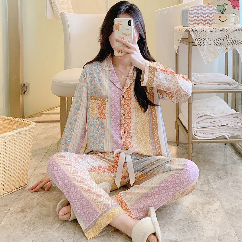 Spring Female Sleepwear Long Sleeved Long Pants Two-piece Set Thin Print Pajamas Lapel Collar Cotton Silk Home Clothing for Lady