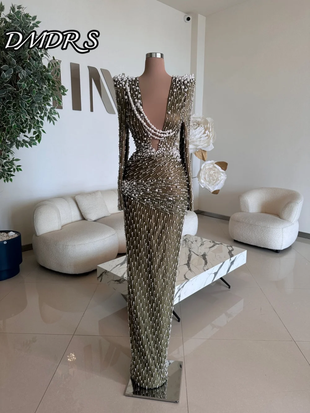 Sexy Deep V-Neck Prom Dress Elegant Pearl Party Dress Graceful A-Line Long Sleeve Floor-Length Evening Gowns Customized