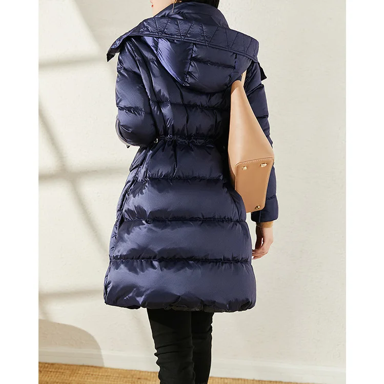 95% White Goose Down Waist Down Jacket, Hooded Medium and Long 2024 New Women, Goose Down Klein Blue Bread Jacket