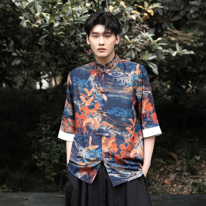 

Loose Fit Ice Silk Men's Shirt Short Sleeve Summer Lightweight Printed Casual Chinese Style Button up Top Half Sleeve Tunic