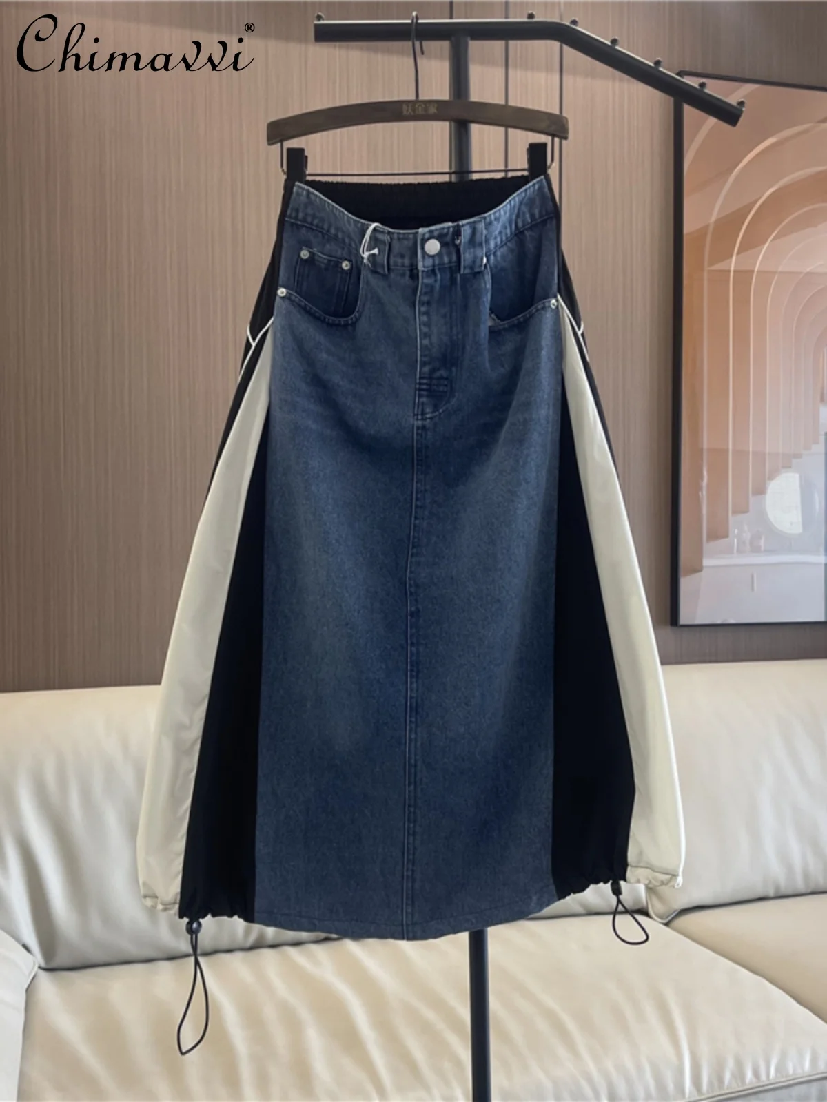 

European Personality American Workwear Denim Skirt Female Summer New Fashion High Waist A- Line Splicing Casual Midi Skirts