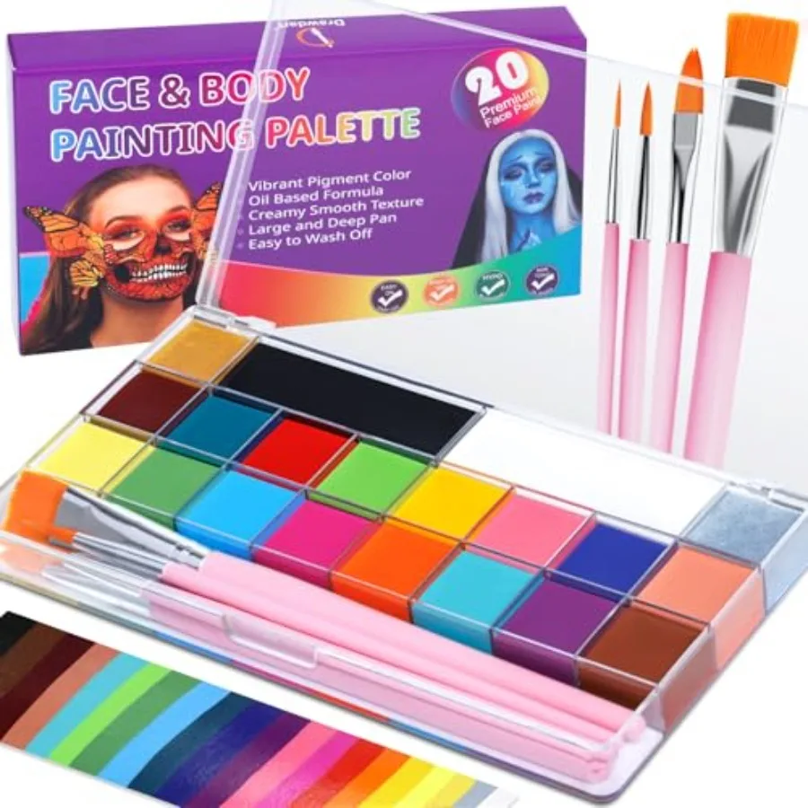 

Face Body Paint Kit, 20 Colors Oil Based Painting Palette with 4 Professional Artist Brushes, Large Deep Pan Face Painting Kit