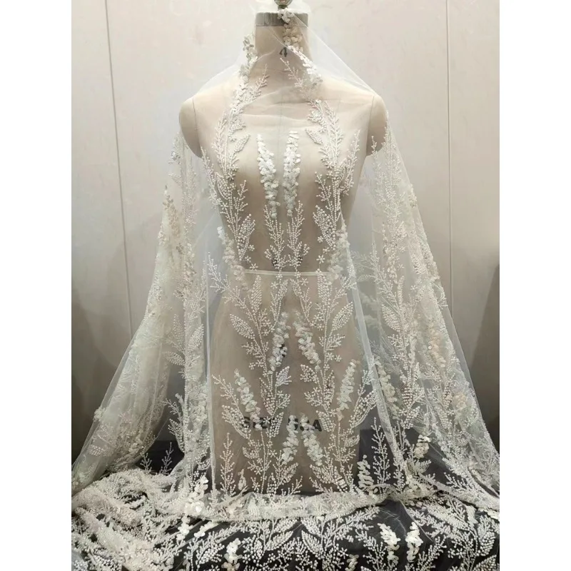 New Fashion Nail Bead Embroidery Sequins Soft Lace Mesh Fabric Handmade High-end Wedding Dress Clothing Accessories Decoration