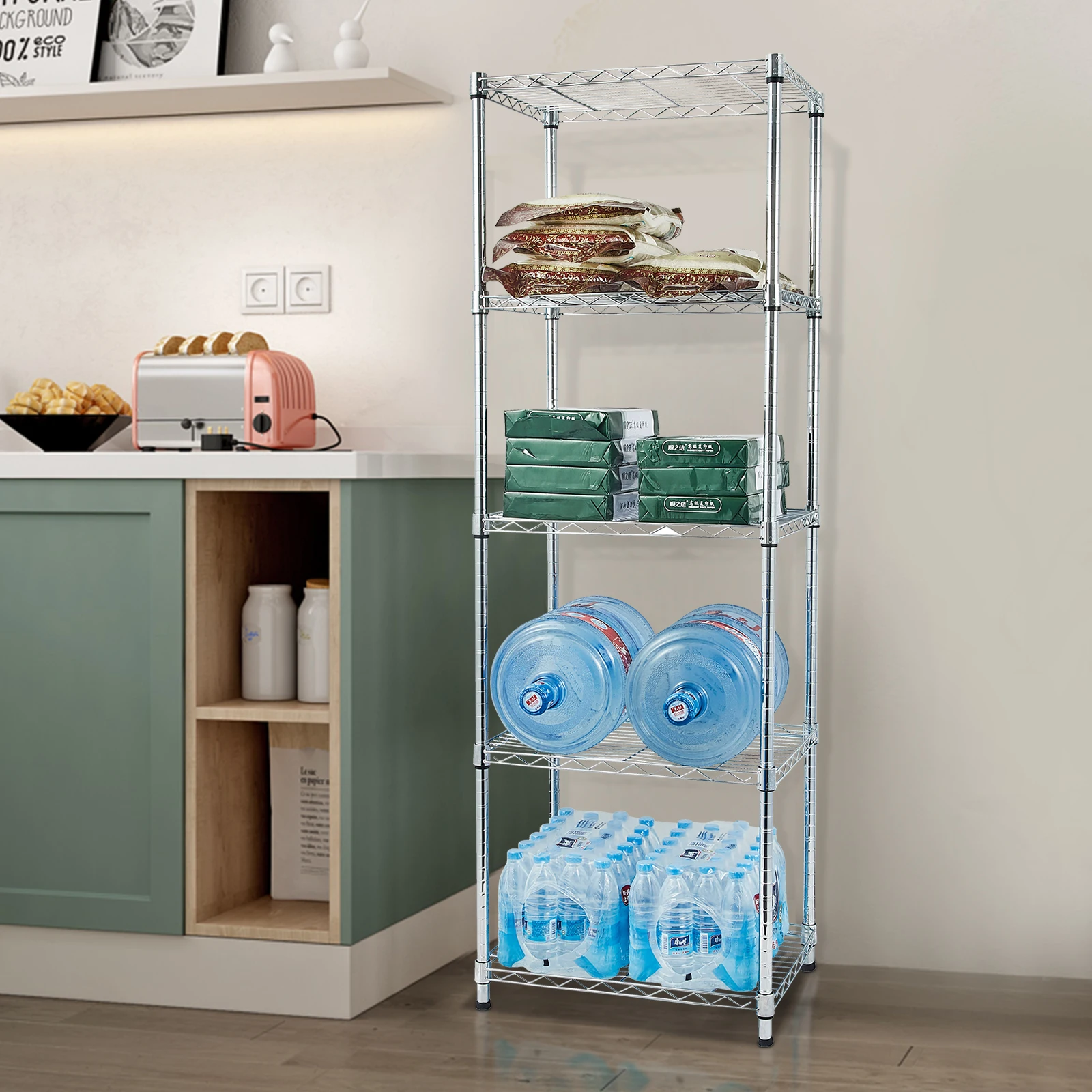 5-Tier Chrome Shelving Unit, Durable Metal Frame, Space-Saving Design, Easy Assembly