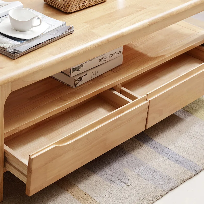 Modern Minimalist Nordic Style Solid Wood Drawer Coffee Table Rectangular Living Room Storage Table Log Tea Table Tea Drinking S