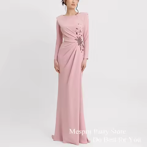 Brush Pink Evening Dress Mermaid Party Gown Customized Elegant Long Sleeve Scoop Neck Beads Formal Occasion Dress Prom Gown