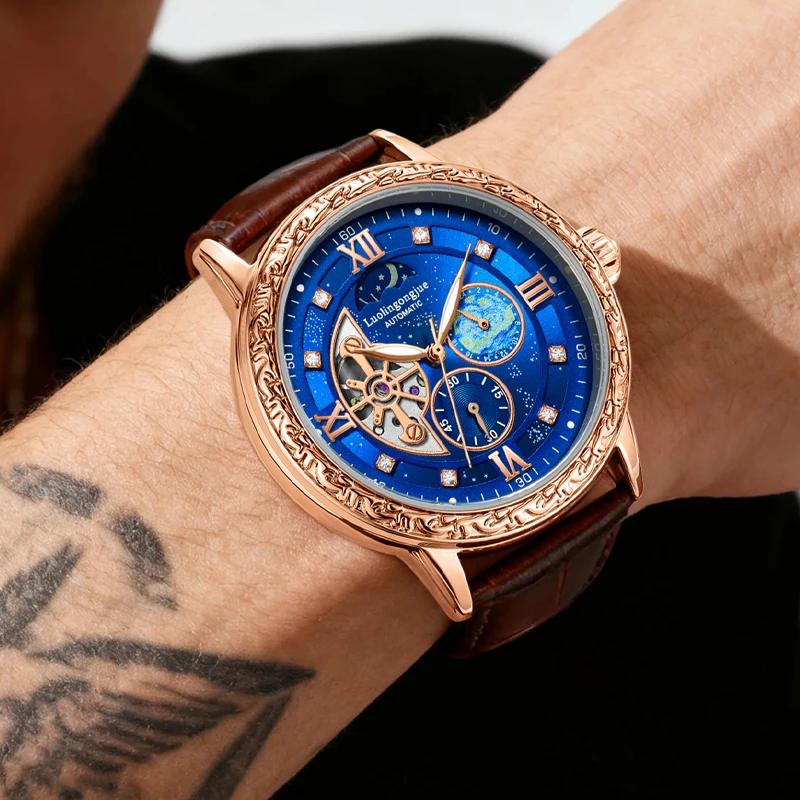 

Механические часы со скелетонизированным турбийоном в деловом стиле — мужские часы со скелетонизированным дизайном, 24 часа, месяца и звезды, дизайн скелета, корпус из круглого сплава, автоматическое заводное устройство, не требуется батарея, идеальные ча