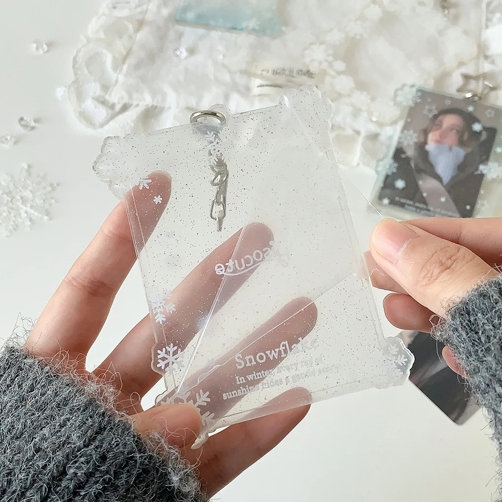 Fashion Transparent Acrylic Snowflake Card Holder Cute Girl Idol 3In Photo Storage Card Clip Star Pendant Keychain Card Bag Gift