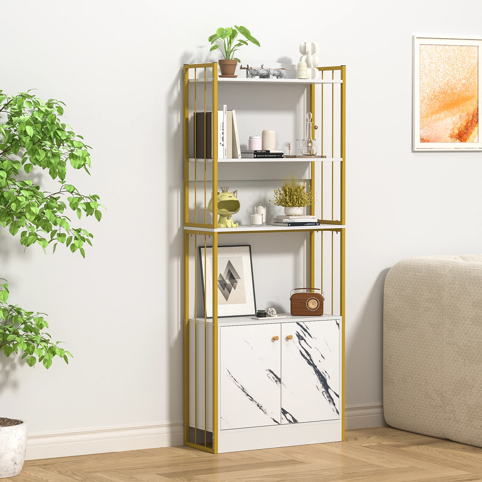 4-Tier Bookshelf with Doors, Tall Bookcase with Storage Cabinet, Freestanding Book Storage Stand, Multi-Layer Storage Reading Di