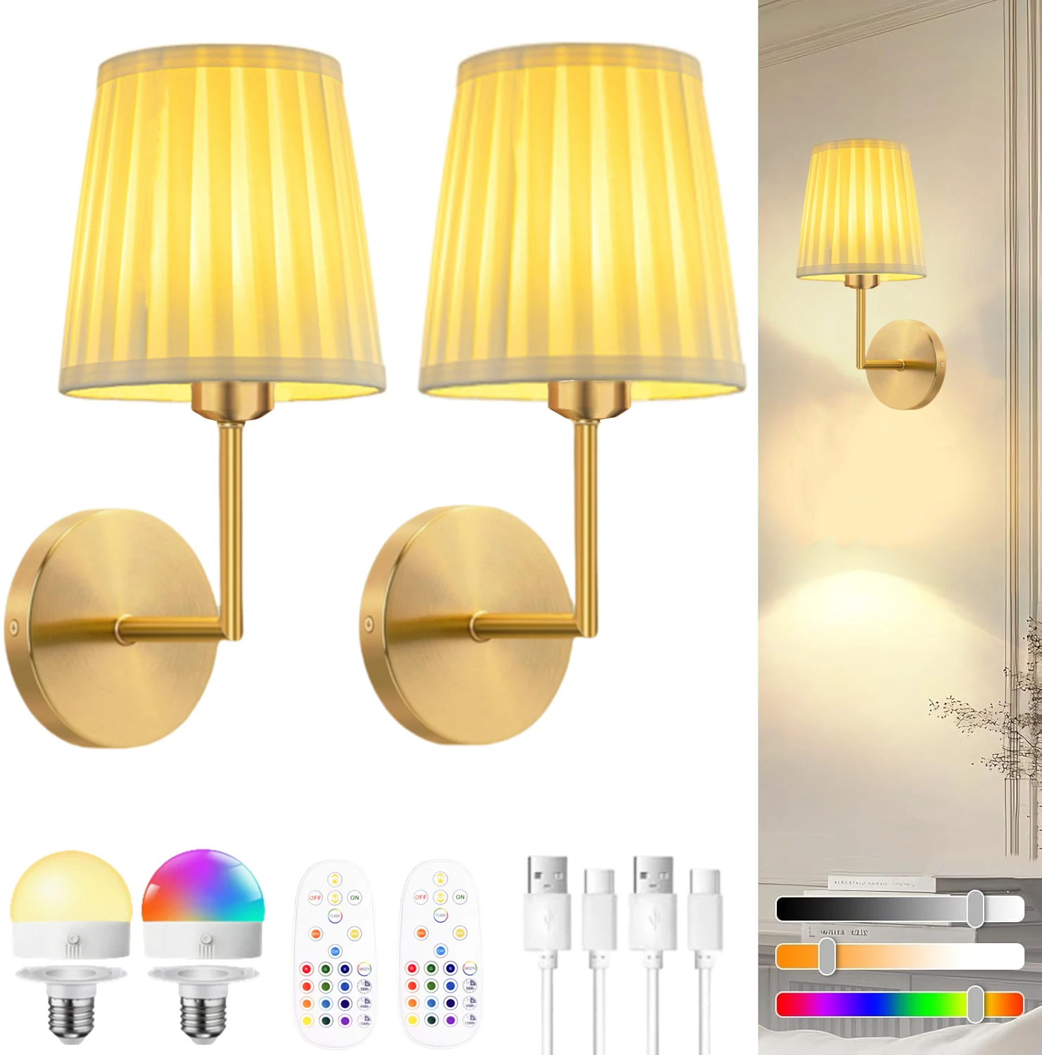 

Battery Operated Wall Lamp, Wireless Wall Light with Remote Control for Bedroom - Rechargeable 15 Colors Wall Light, for Living Room Hallway