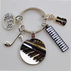 New piano note pendant glass convex round Keychain piano keyboard glass shrapnel DIY Keychain gift pendant