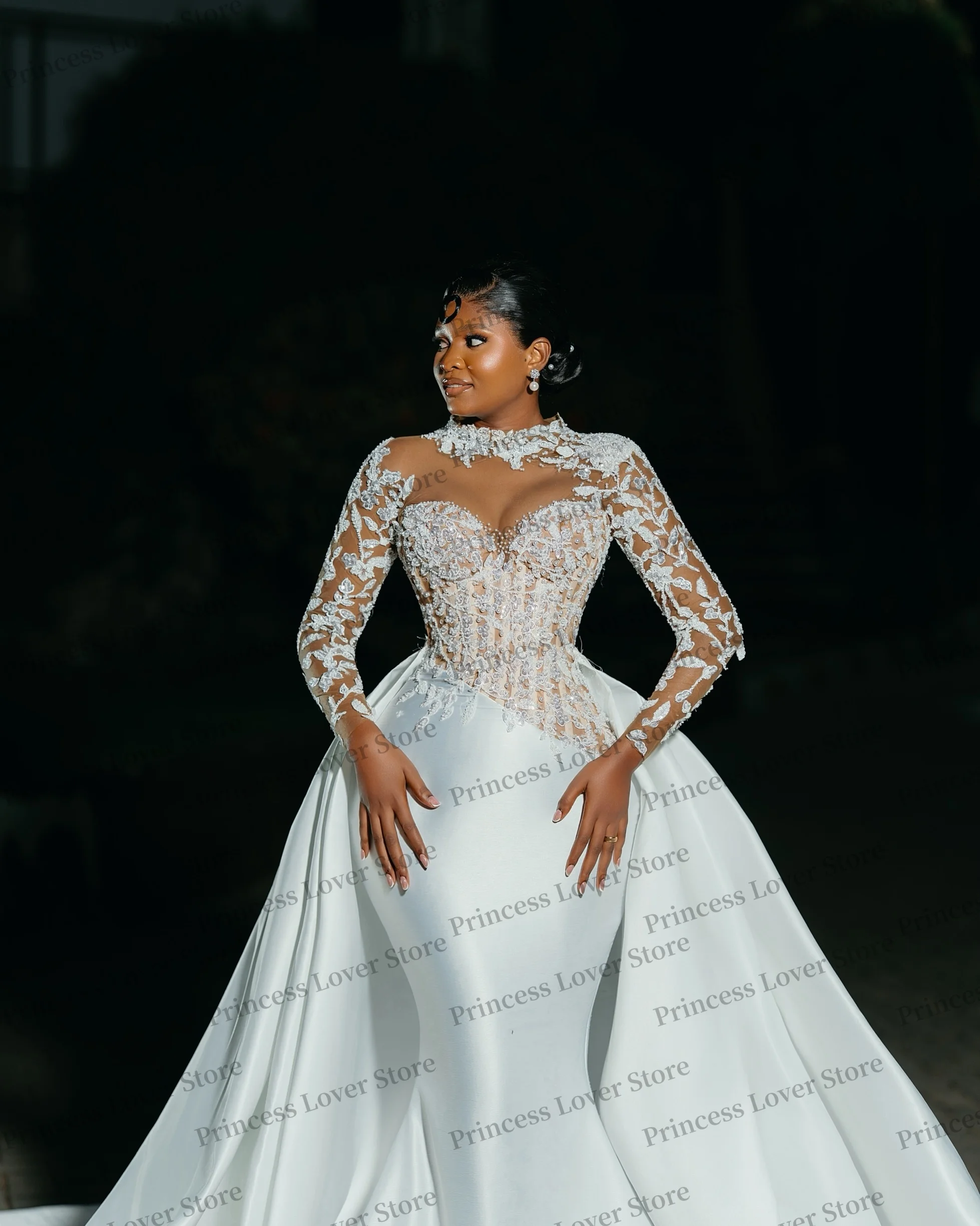 White Satin Mermaid Wedding Dresses Sweep Train Long Sleeves Lace Appliqued Bridal Gown Bustier Corset Party Dress Customized