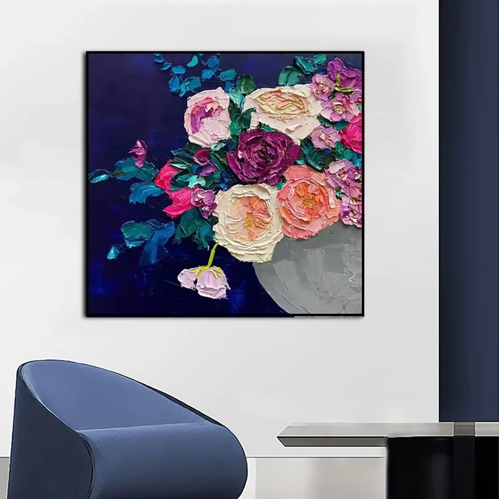 Pure Hand-painted Blue Flower Oil Painting Simple and Beautiful Flower Apartment Corridor Fresh Hanging Painting