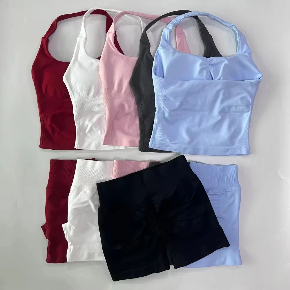 

2 Pieces Gym Set Yoga Women Backless Halter Tops High Waist Seamless Shorts Gym Suit Fitness Sports Bras Sportswear Workout Sets
