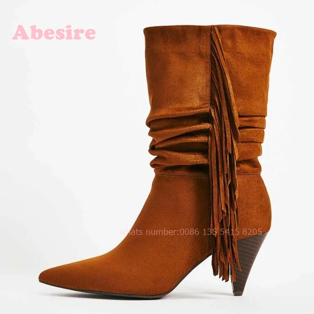 White Cone Heel Fringe Shoes Vegan Suede Mid-Calf Slouch Boots Spike Heels Tassel Pleated Women's Boots Solid Winter 2024 New