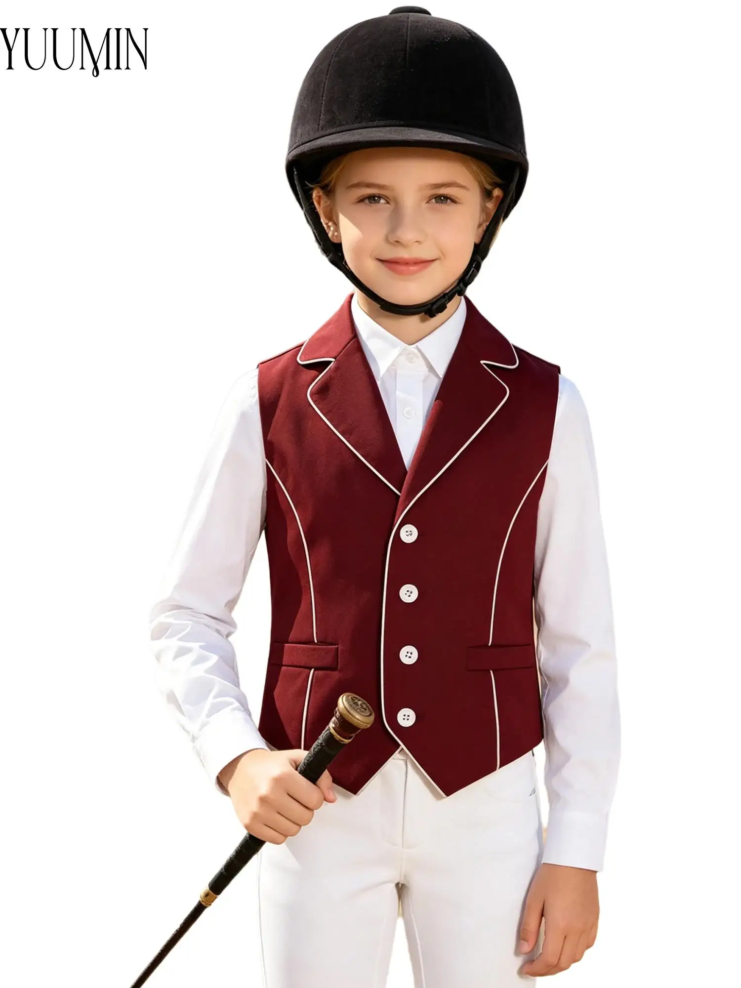 Girls Horse Riding Waistcoat Contrast Trim Hem Button Pockets Breathable Stretchy for Equestrian Show Training Competition