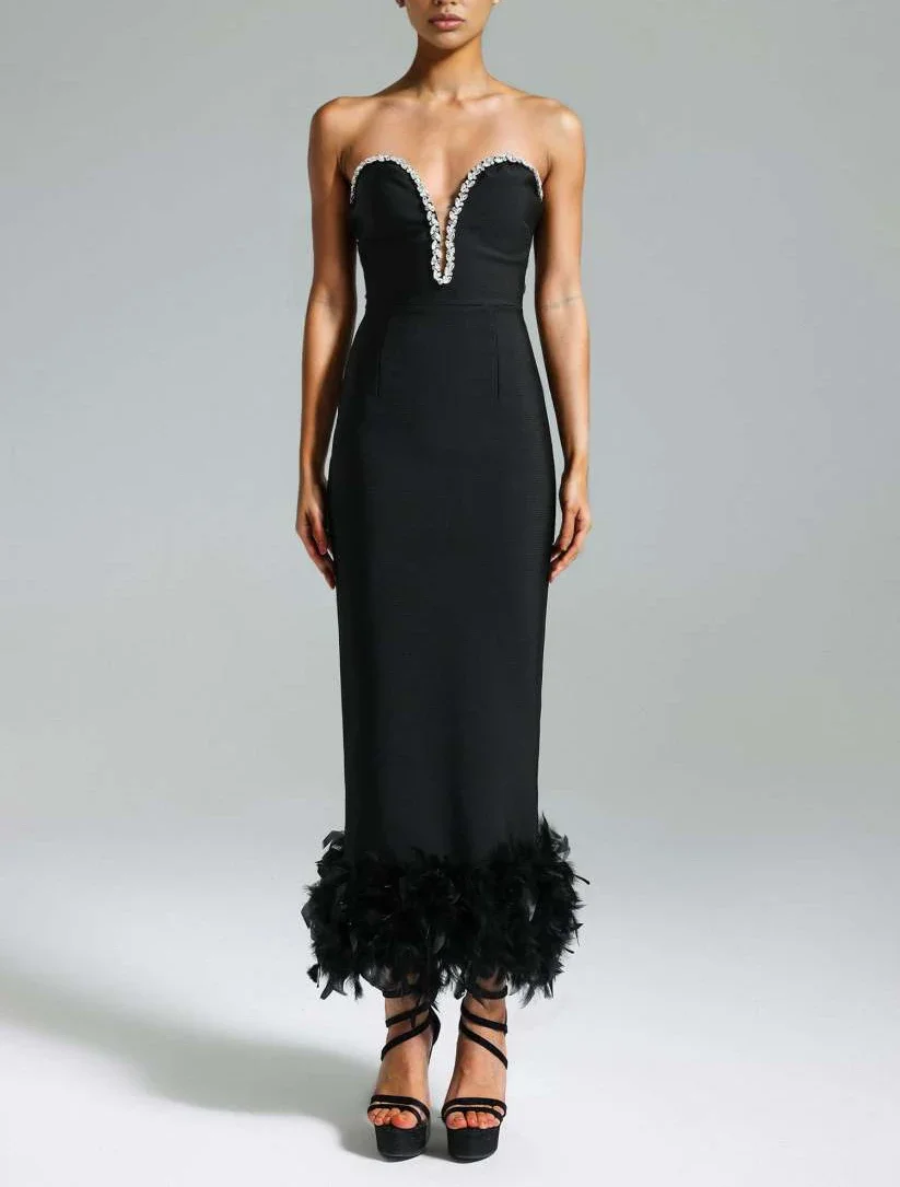 

Black Color Women Sexy Strapless Feathers Bodycon Long Bandage Dress Fashion Celebrate Evening Party Nightclub Dress Vestido