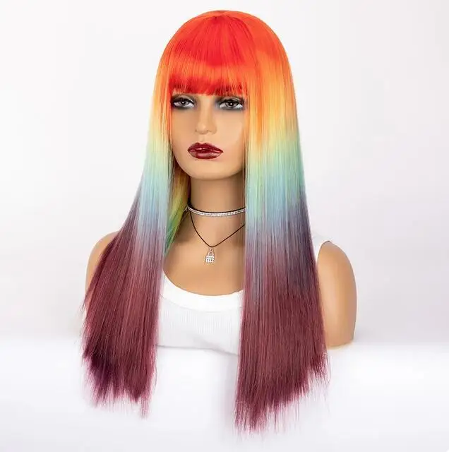 Ombre Synthetic Wig Rainbow Colorful Gradient Wigs Straight Lolita Cosplay Hair Heat Resistant Fiber For Women