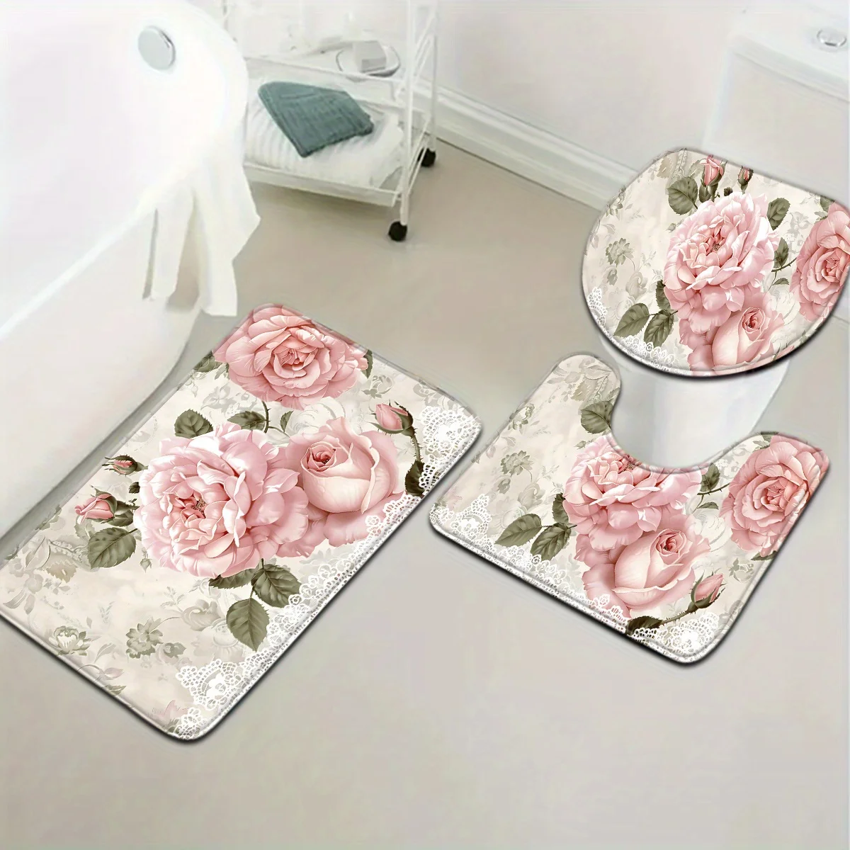 

3-х предметный коврик для ванной комнаты с розовой розой ко Дню матери, набор сидений для унитаза, U-образный коврик, напольный коврик, можно стирать в машине, для украшения ванной комнаты