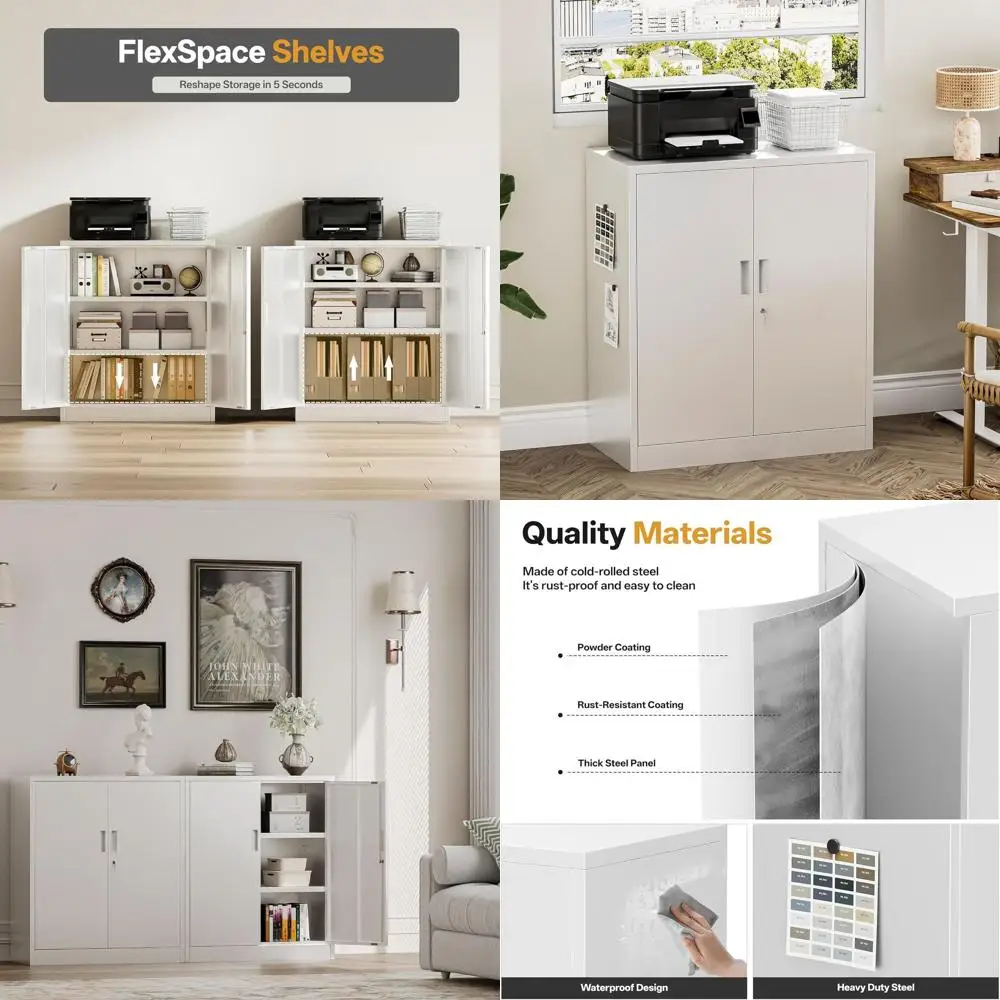 

36 Steel Storage Cabinet with 2 Adjustable Shelves, Lockable for Office, Home, and Garage Use (White)