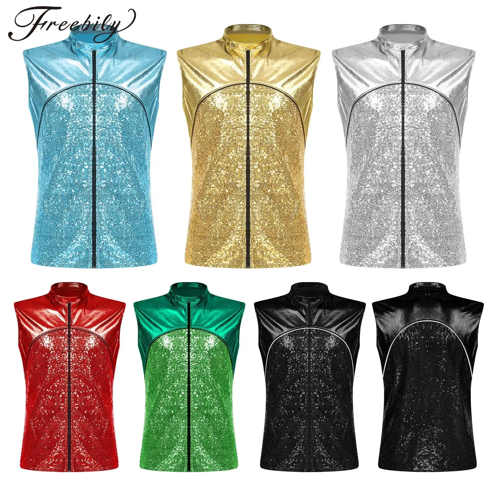 

Mens Glittery Sequins Vests Sleeveless Jacket Fashion Man Metallic Zip-up Vest for Hiphop Music Festival Costume Rave Clubwear