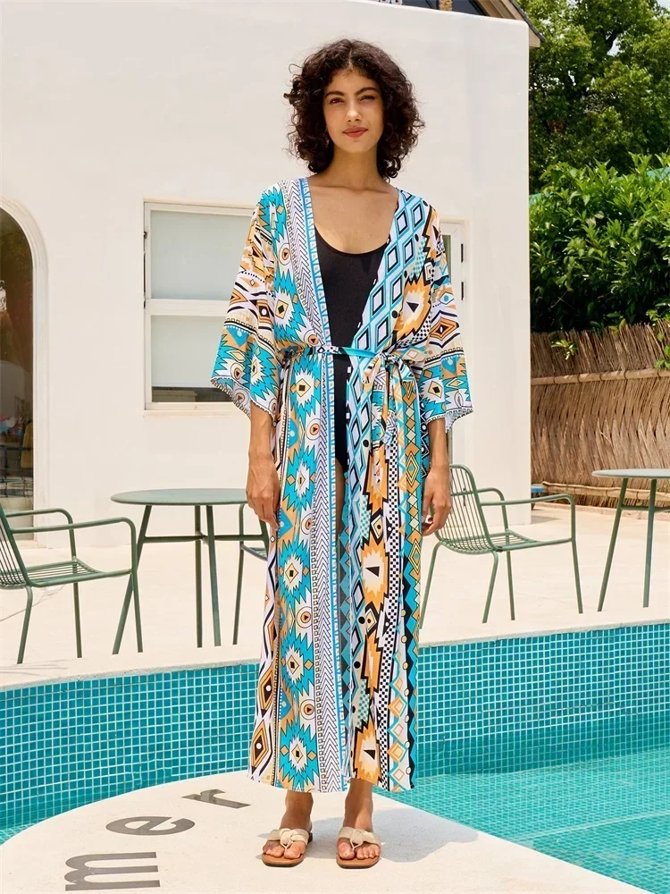 

Chic Printed Women Plus Size Belted Kimono Dress Tunic Sexy Swimsuit Cover-ups House Robe 2024 Vacation Beach Party Outfit Q1414